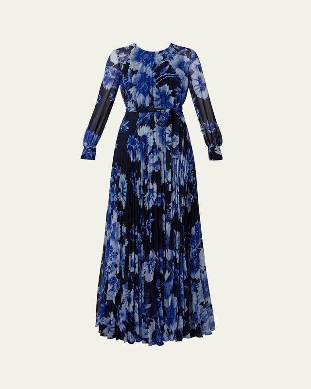 Floral Pleated Long Sleeve Gown